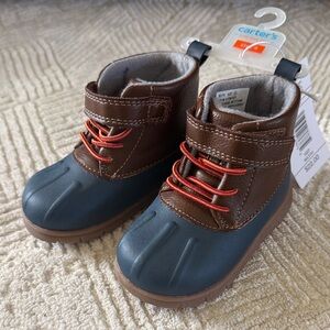 Carter's Brown Leather and Navy Rubber Kids Duck Boots with Orange Laces